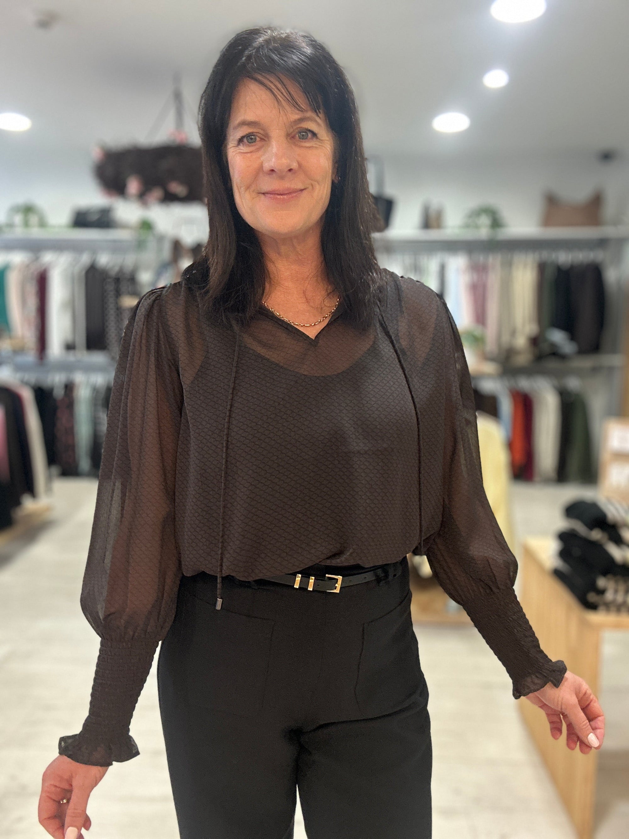 Women's Chocolate coloured dressy top styled with black at Absolutely Boutique NZ
