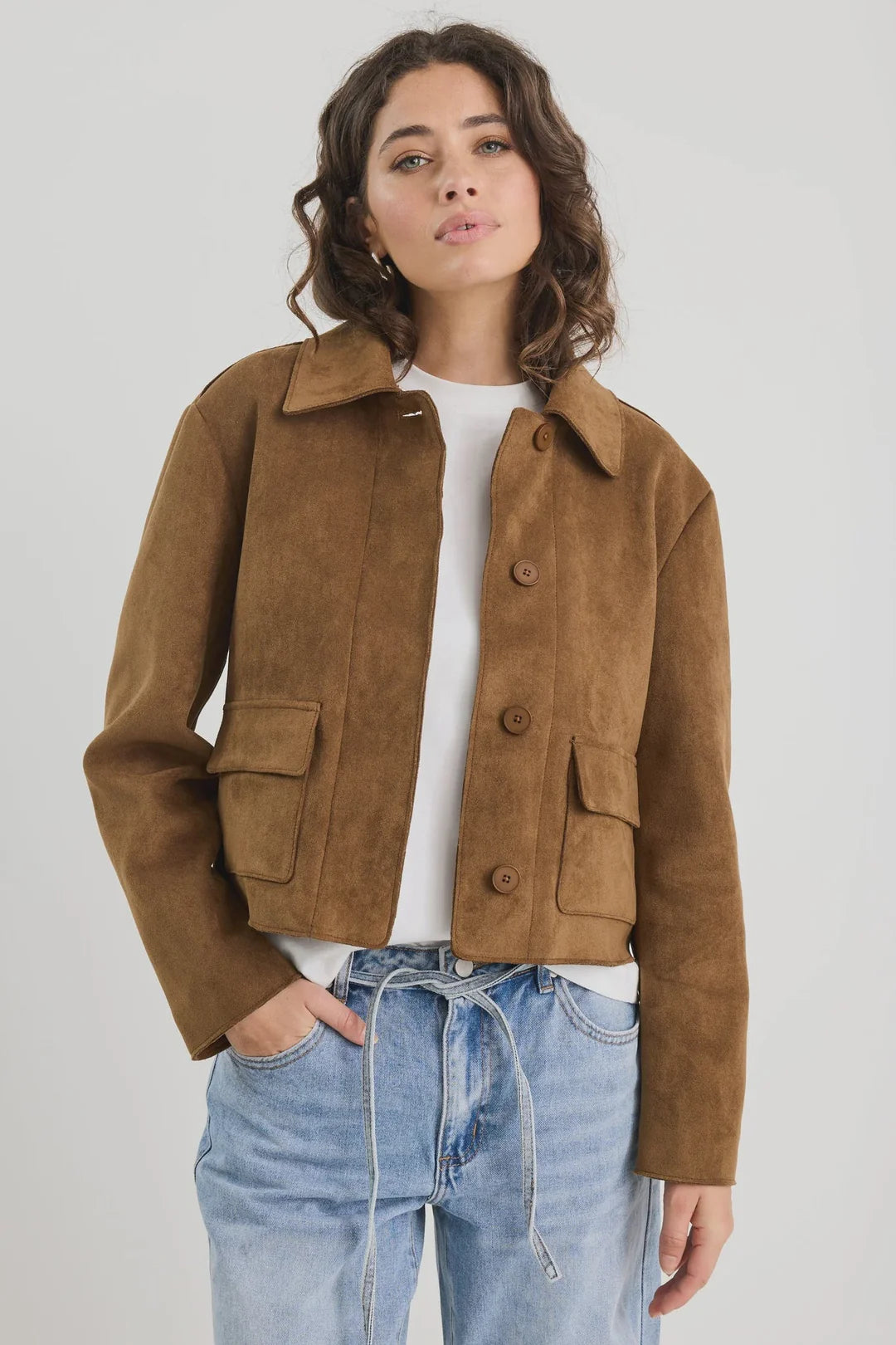 Exhibit Cinnamon Faux Suede Button Front Cropped Jacket