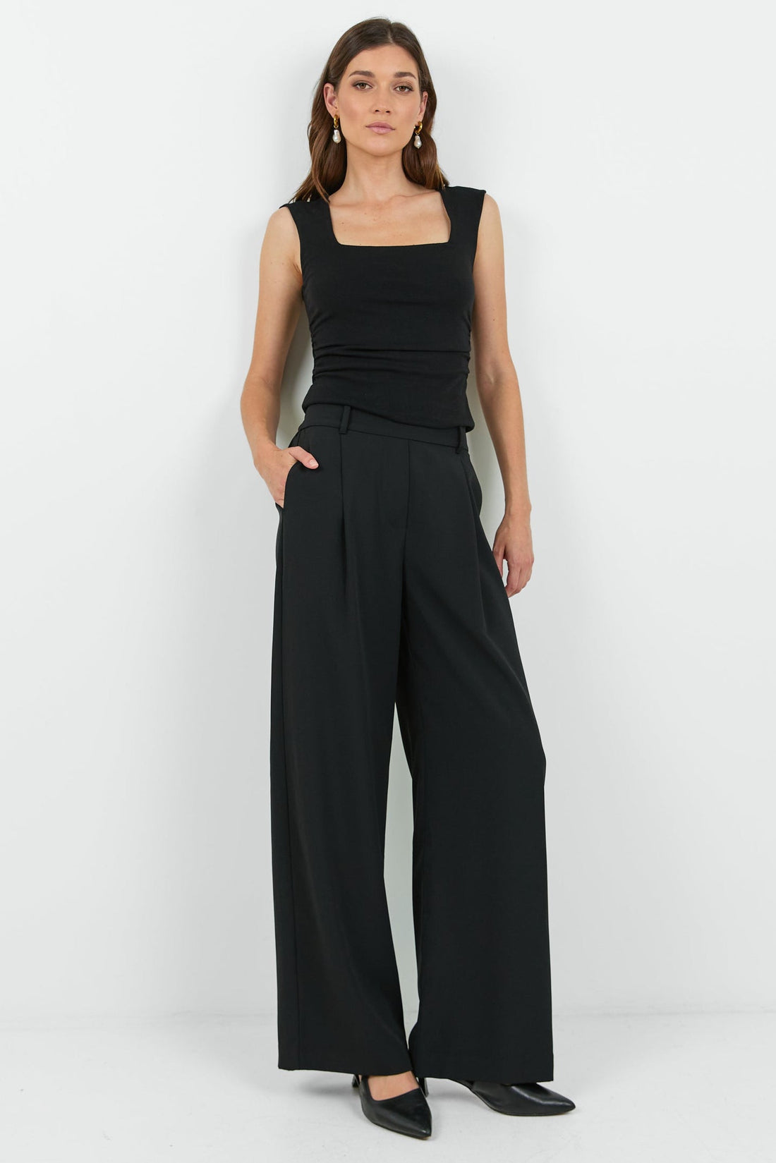 Business Black Wide Leg Pleat Front Pants