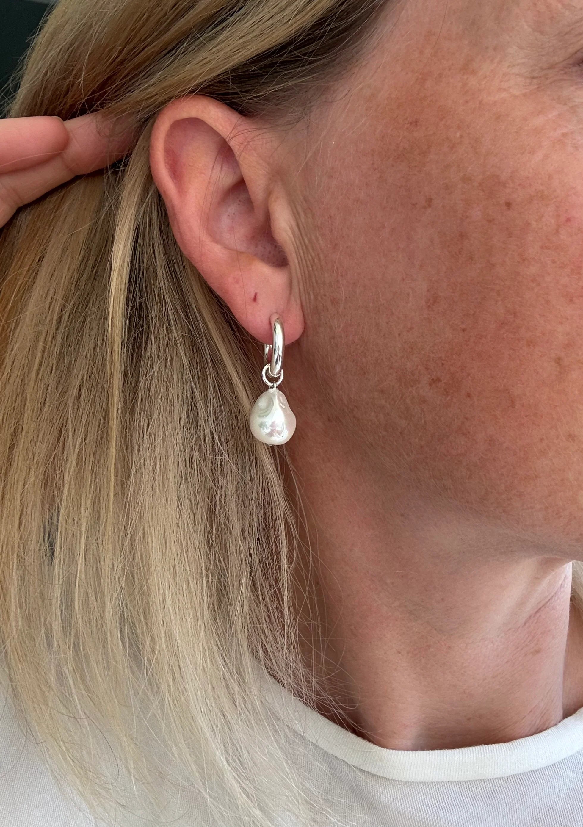 Baroque Pearl Huggie Hoops Silver