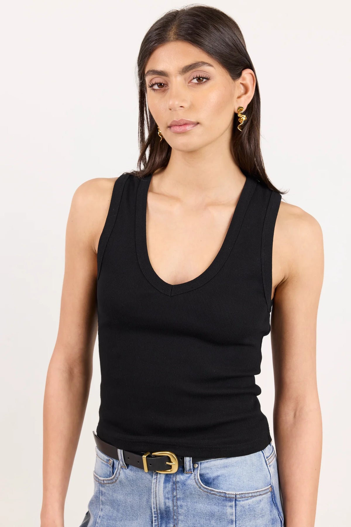 Vale Black V Neck Rib Tank