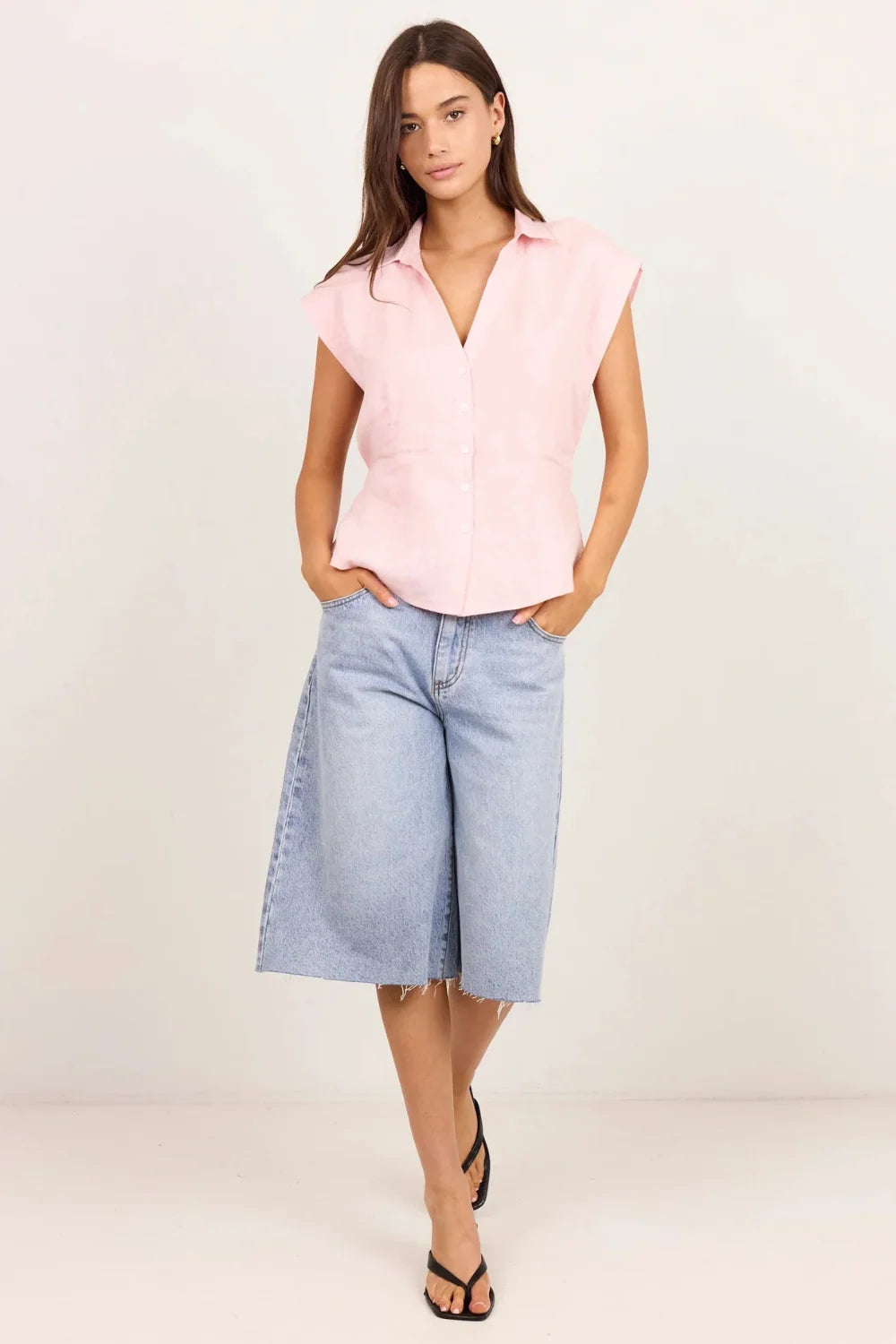 Villager Blush Linen Tie Back Short Sleeve Shirt