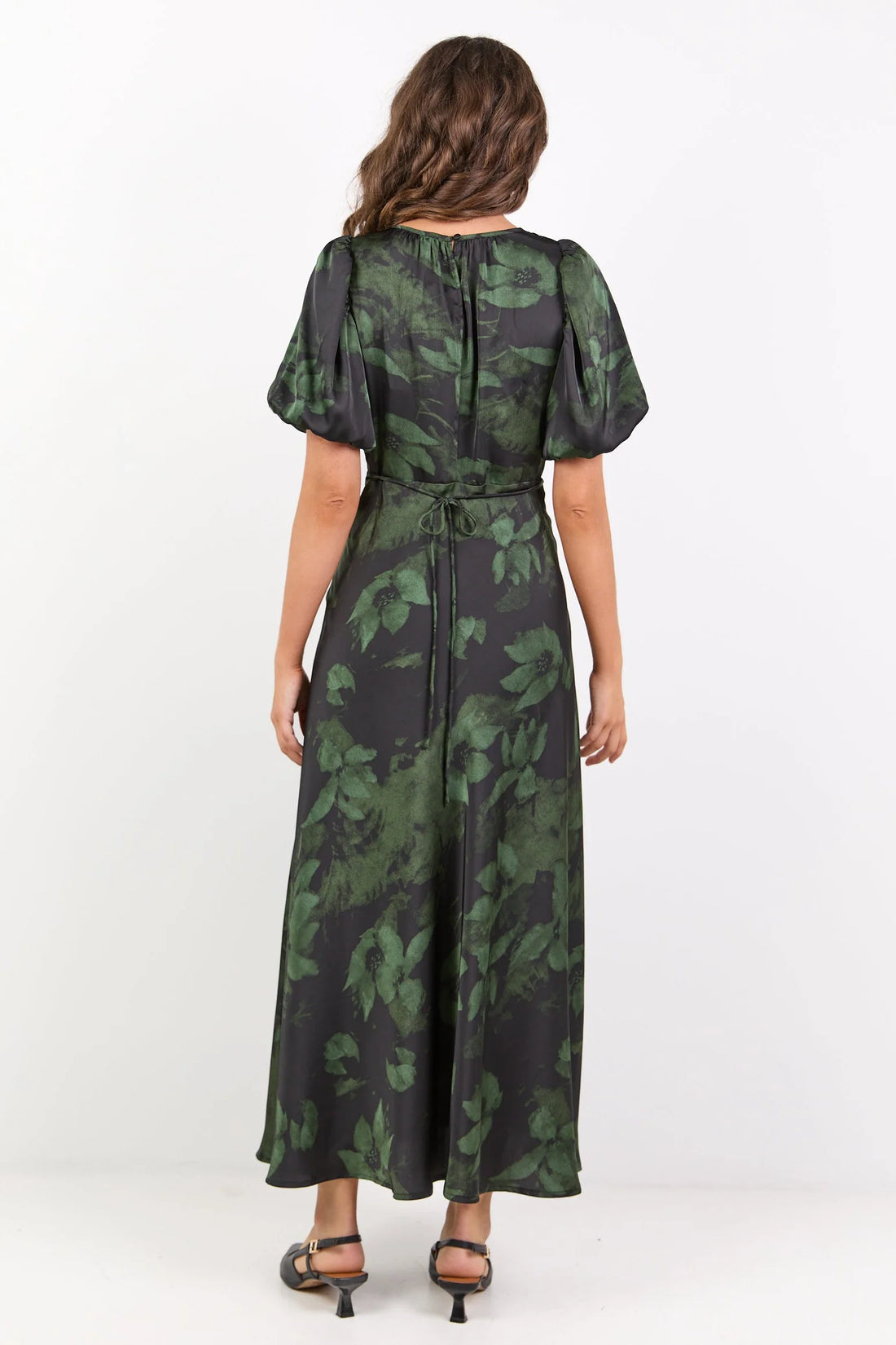 Stage Green Shadow Garden Satin Puff Sleeve Floaty Maxi Dress|Absolutely Boutique