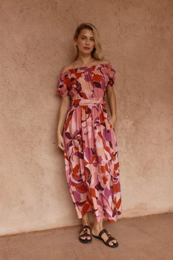 Jo Off Shoulder Dress Peony Print