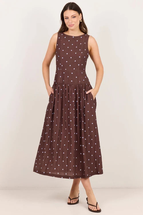 Mocha Blue Polka Dot Shirred Back Sleeveless Maxi Dress