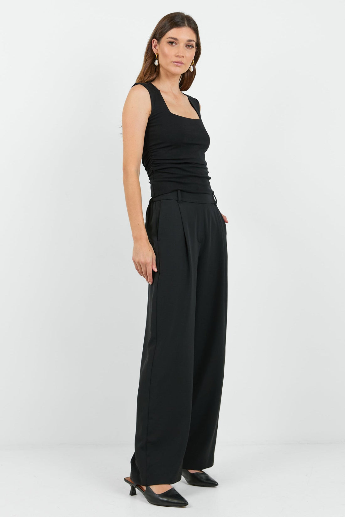 Business Black Wide Leg Pleat Front Pants