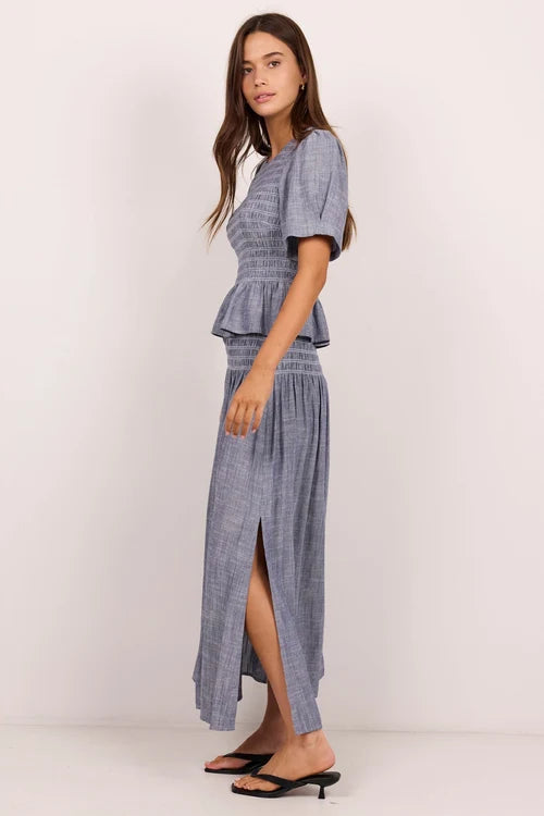 Byron Light Blue Chambray Shirred Waist Maxi Skirt