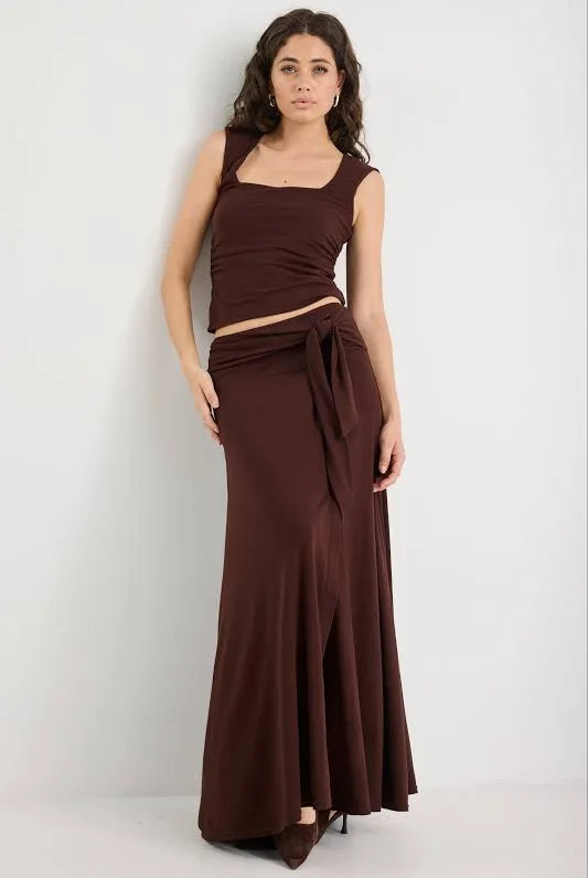 Status Chocolate Jersey Knot Front Maxi Skirt