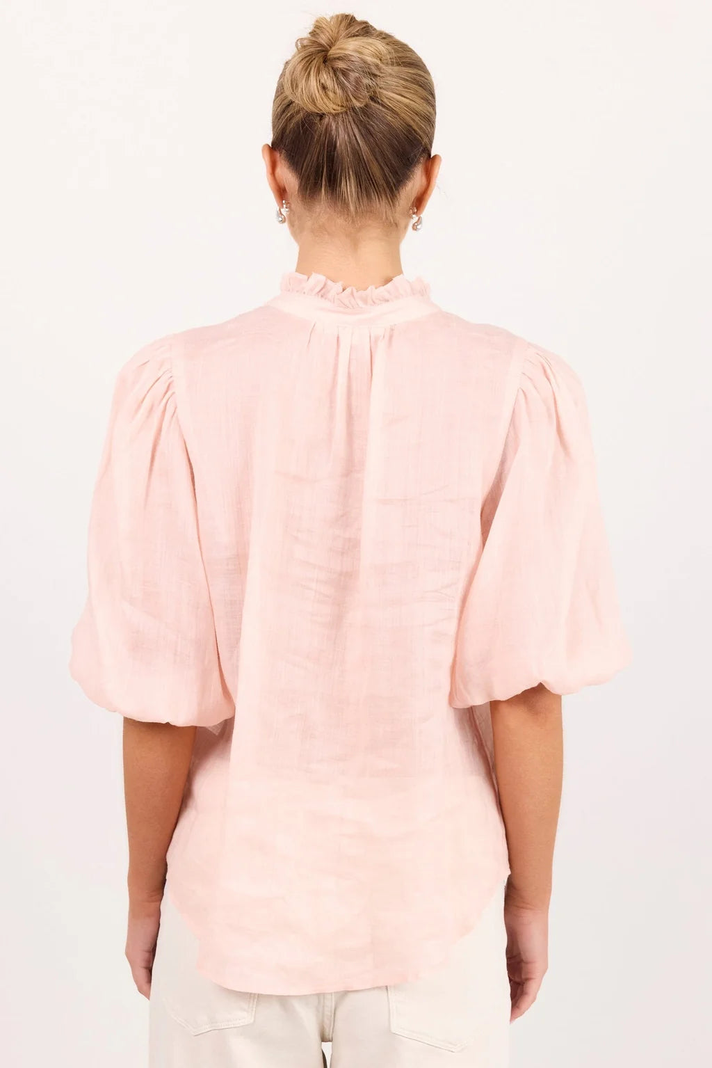 Continuance Blush Ramie High Neck Buttoned SS Top