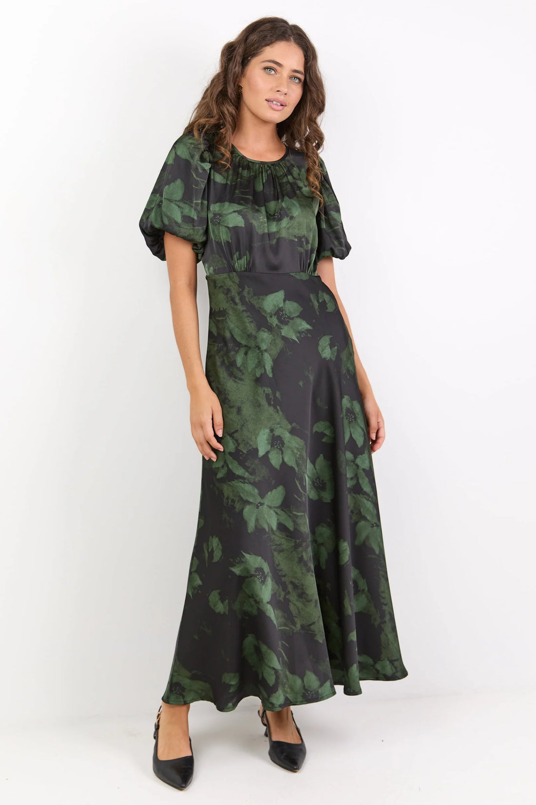 Stage Green Shadow Garden Satin Puff Sleeve Floaty Maxi Dress|Absolutely Boutique