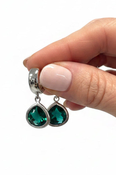 Emerald Colour Jewel Drops on Silver Huggies