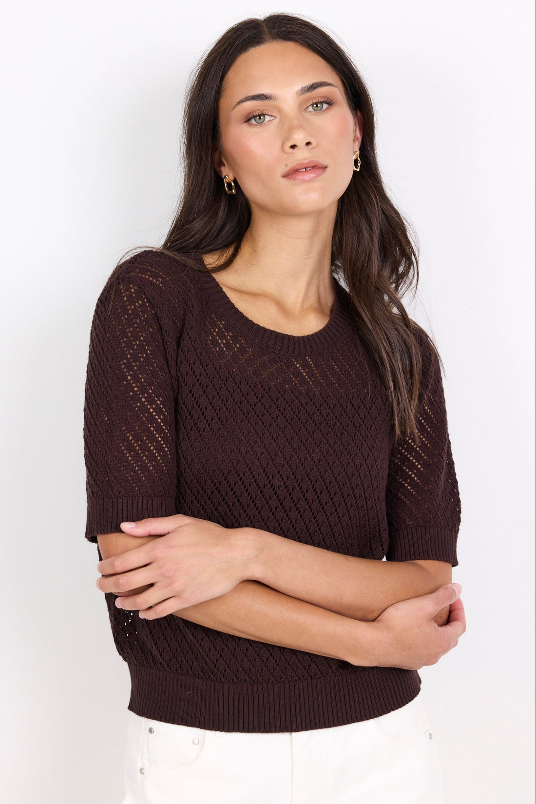 Dapple Chocolate Boxy Knit Lace Tee