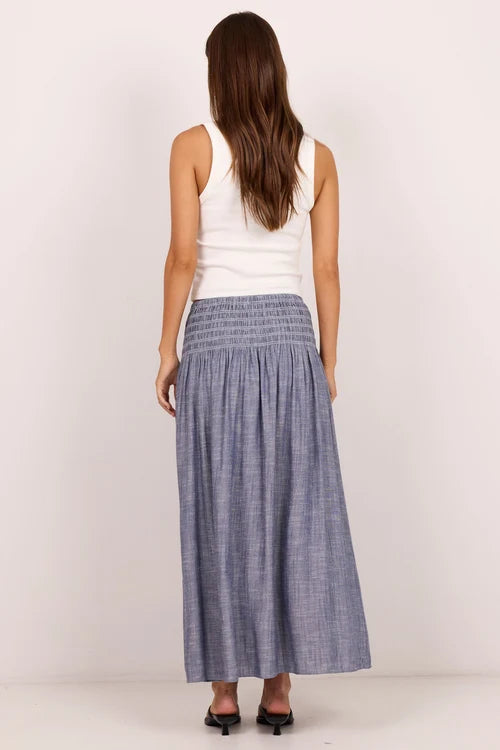 Byron Light Blue Chambray Shirred Waist Maxi Skirt