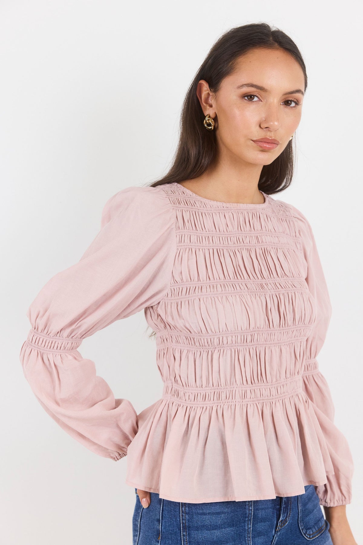 Required Blush Long Sleeve Shirred Bodice Top