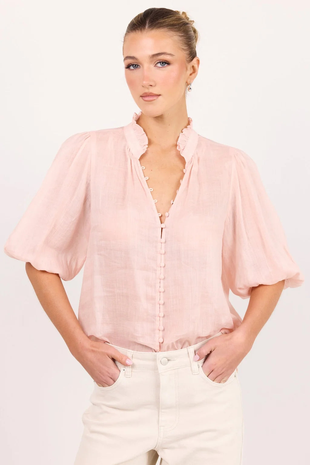 Continuance Blush Ramie High Neck Buttoned SS Top