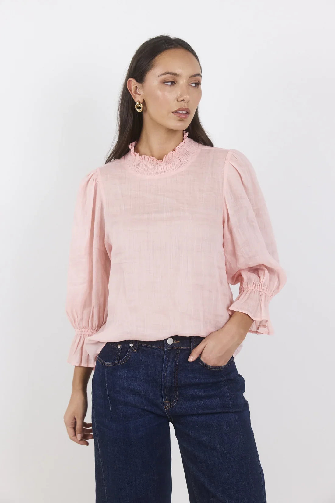 Occasion Pale Pink Shirred Neck Short Sleeve Top