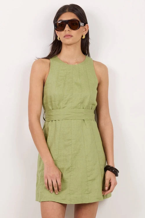 Composed Moss Panelled Linen Tie Sleeveless Mini Dress