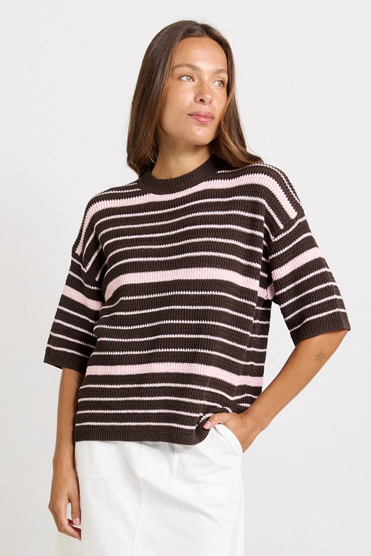Dylan Knit Tee Chocolate/Pink Stripe