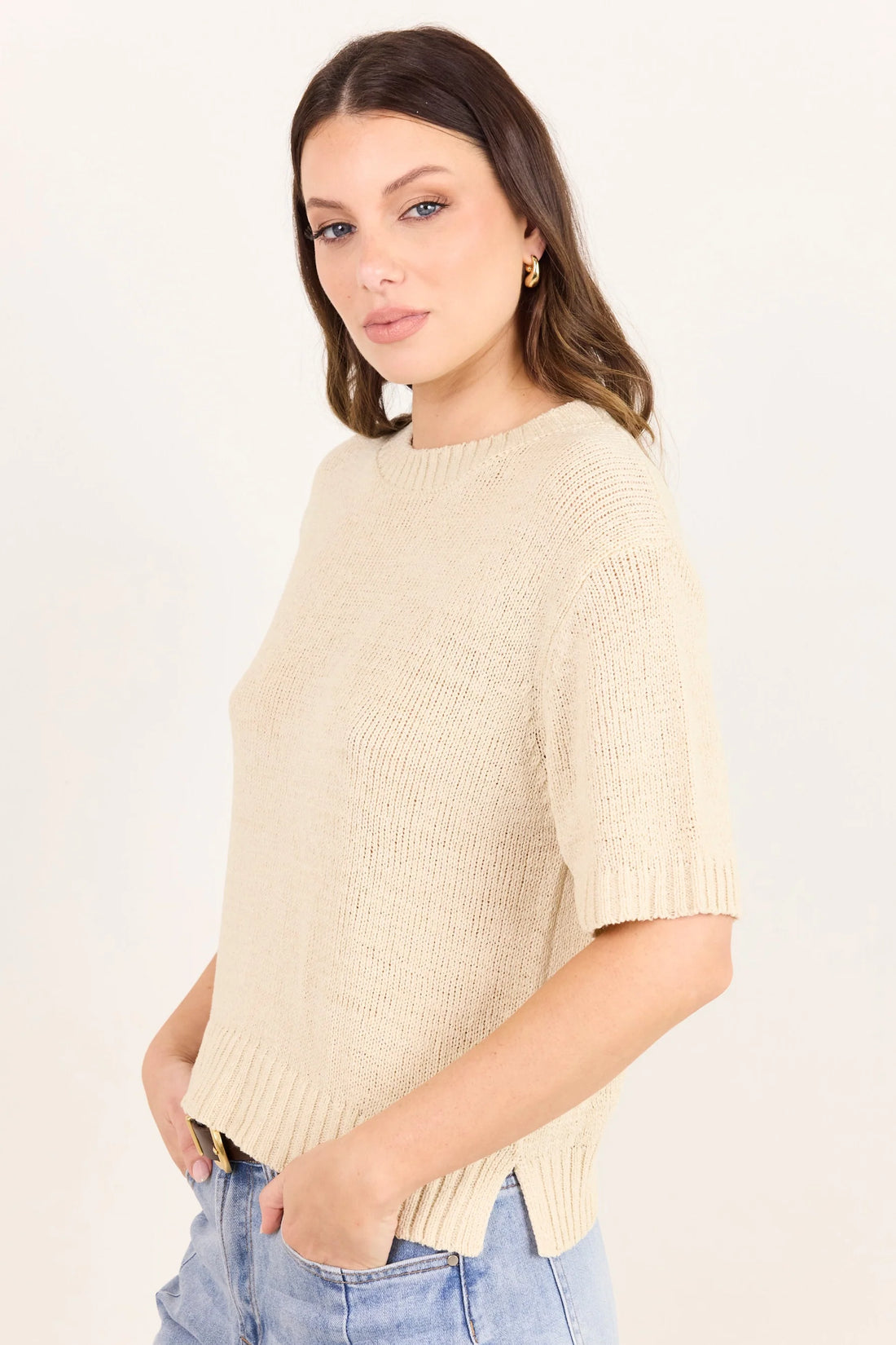 Loveable Oat Tape Yarn Knit Tee