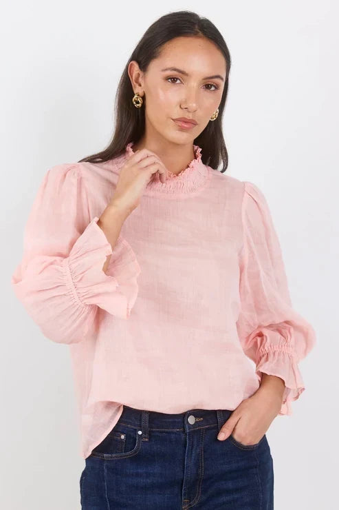 Occasion Pale Pink Shirred Neck Short Sleeve Top