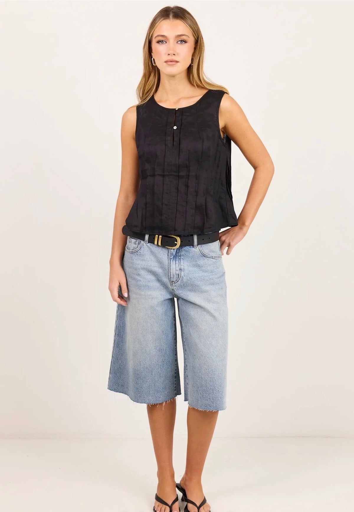 Encourage Black Linen Pintuck Front Boatneck Top