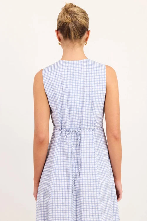 Cardinal Blue Mini Gingham Sleeveless Button Front Maxi Dress