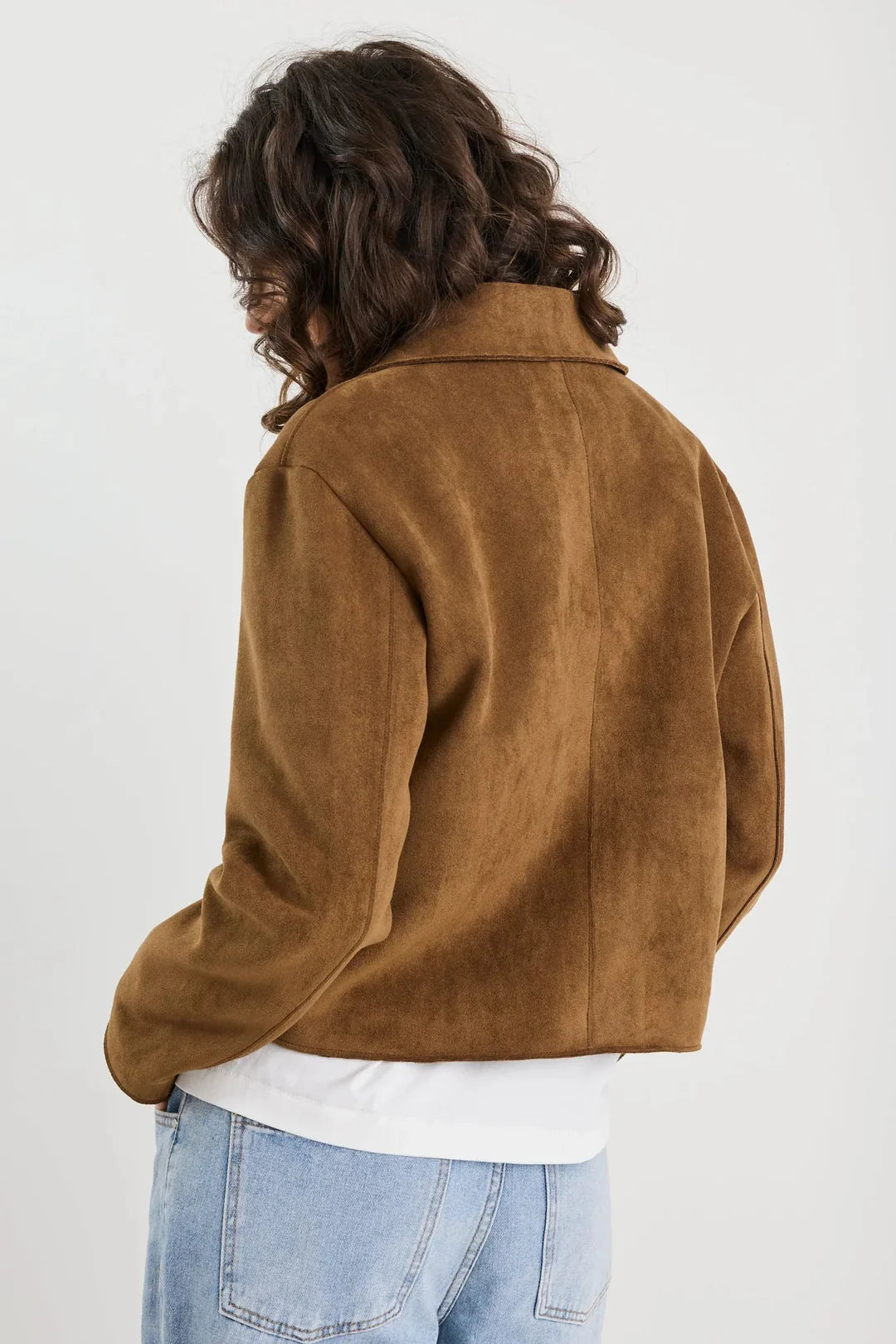 Exhibit Cinnamon Faux Suede Button Front Cropped Jacket