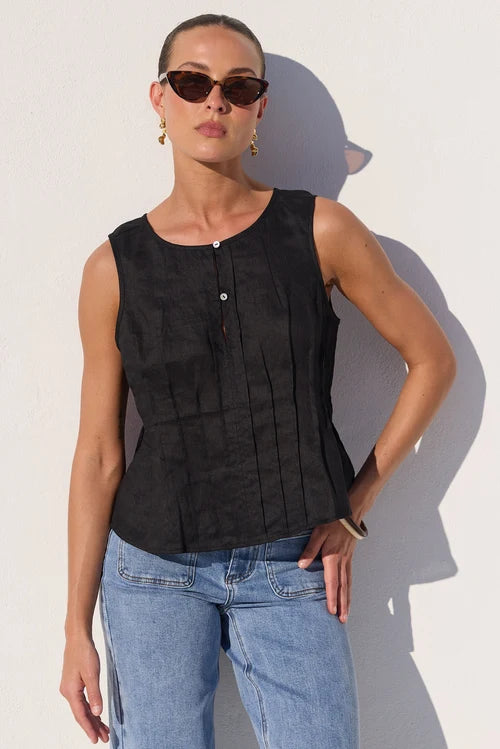 Encourage Black Linen Pintuck Front Boatneck Top