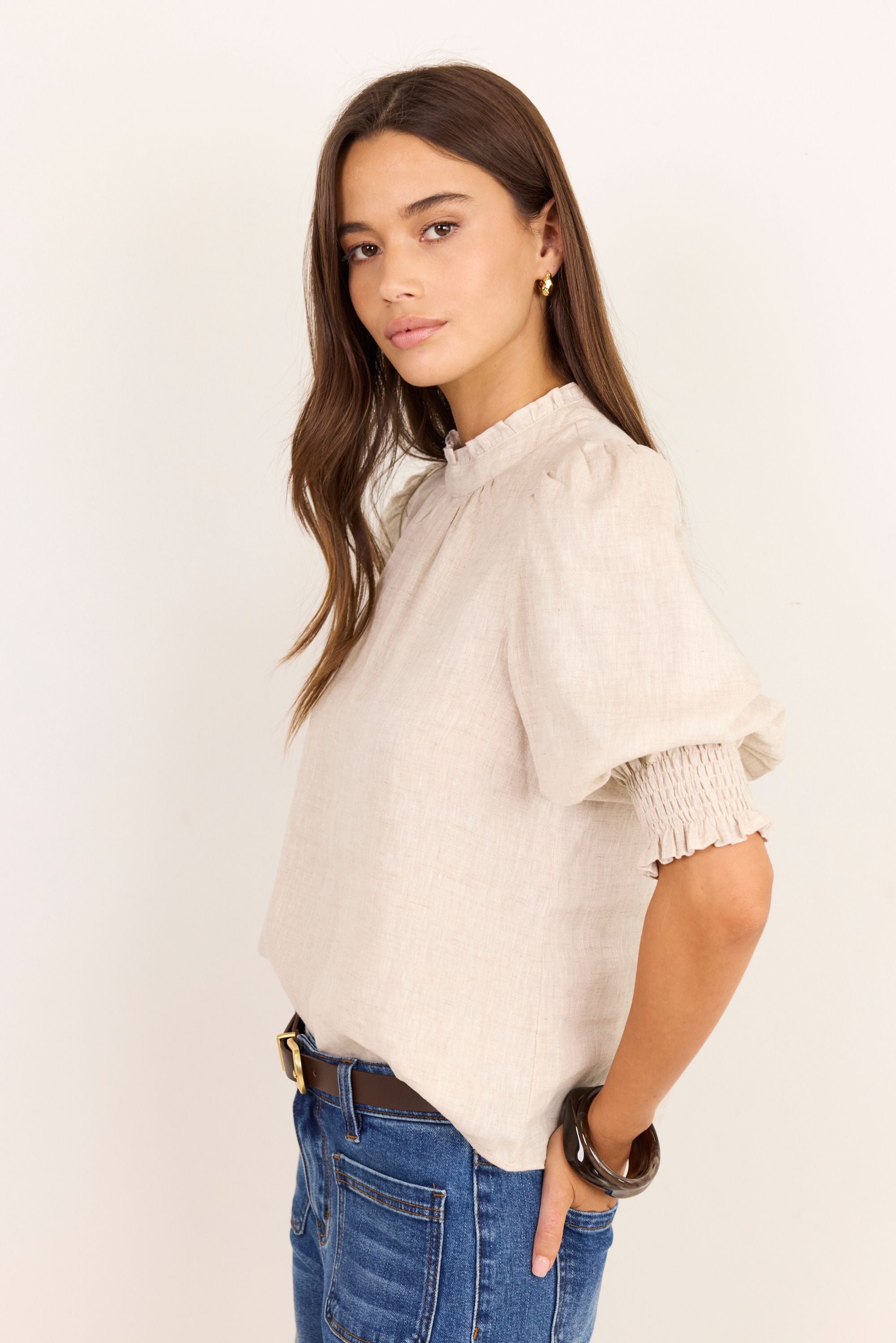 Verse Natural Short Sleeve High Neck Top