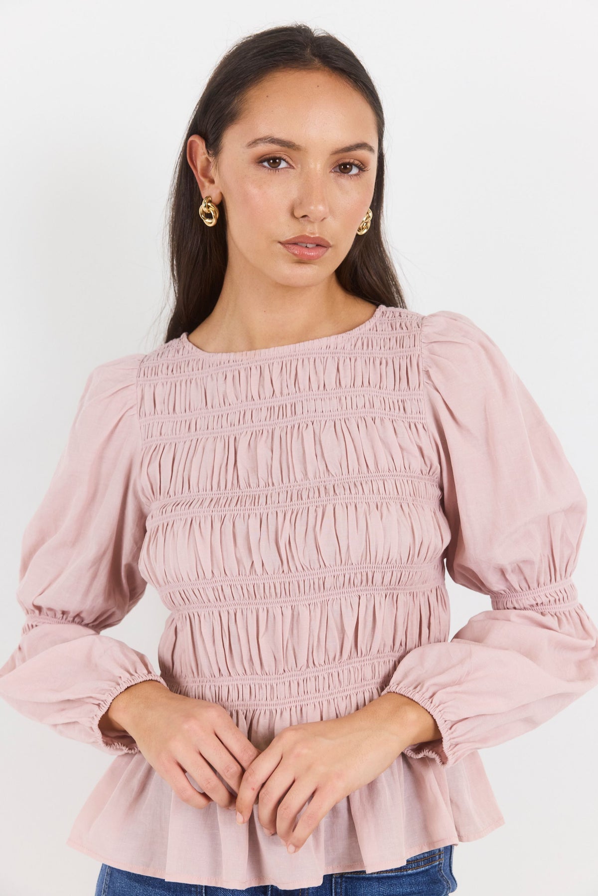 Required Blush Long Sleeve Shirred Bodice Top