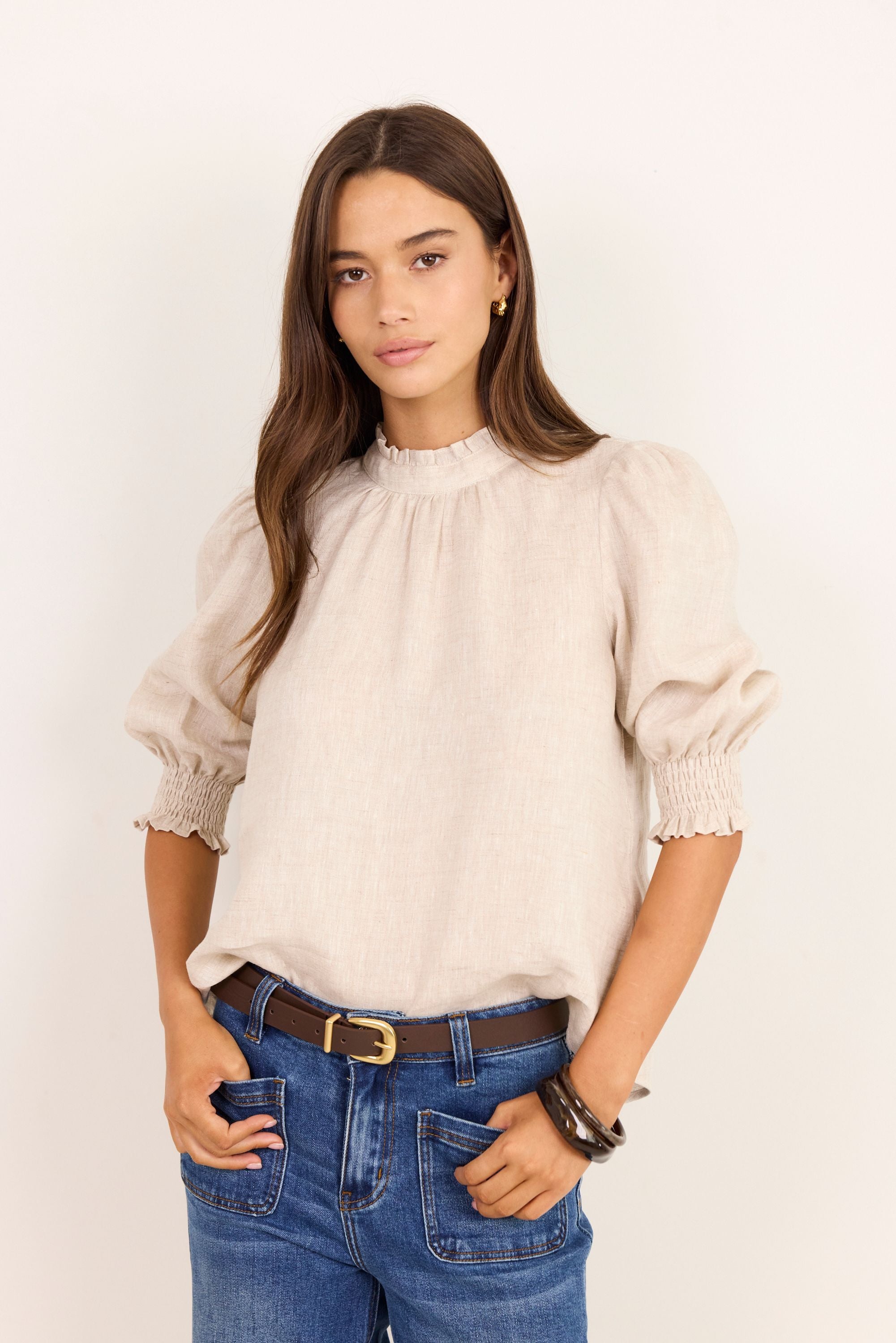Verse Natural Short Sleeve High Neck Top
