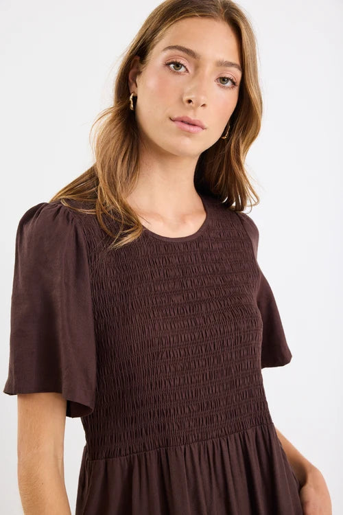 Wren Chocolate Linen Blend SS Shirred Bodice Midi Dress