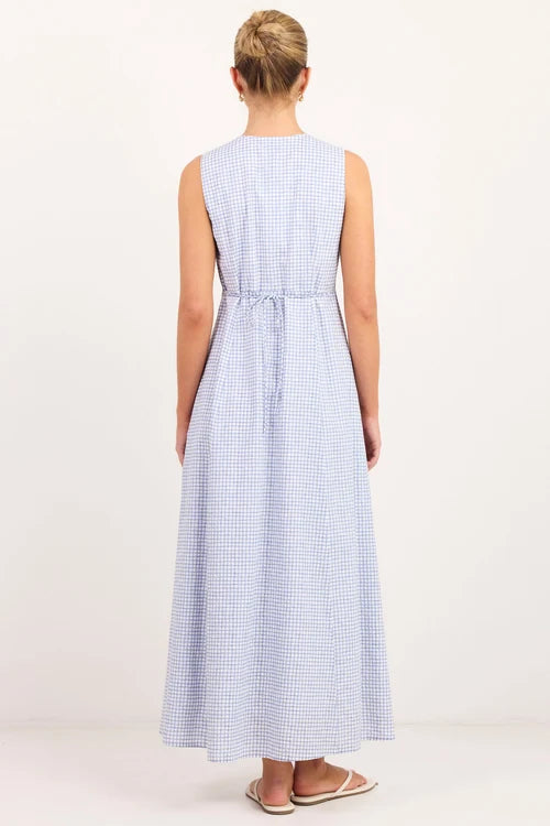Cardinal Blue Mini Gingham Sleeveless Button Front Maxi Dress