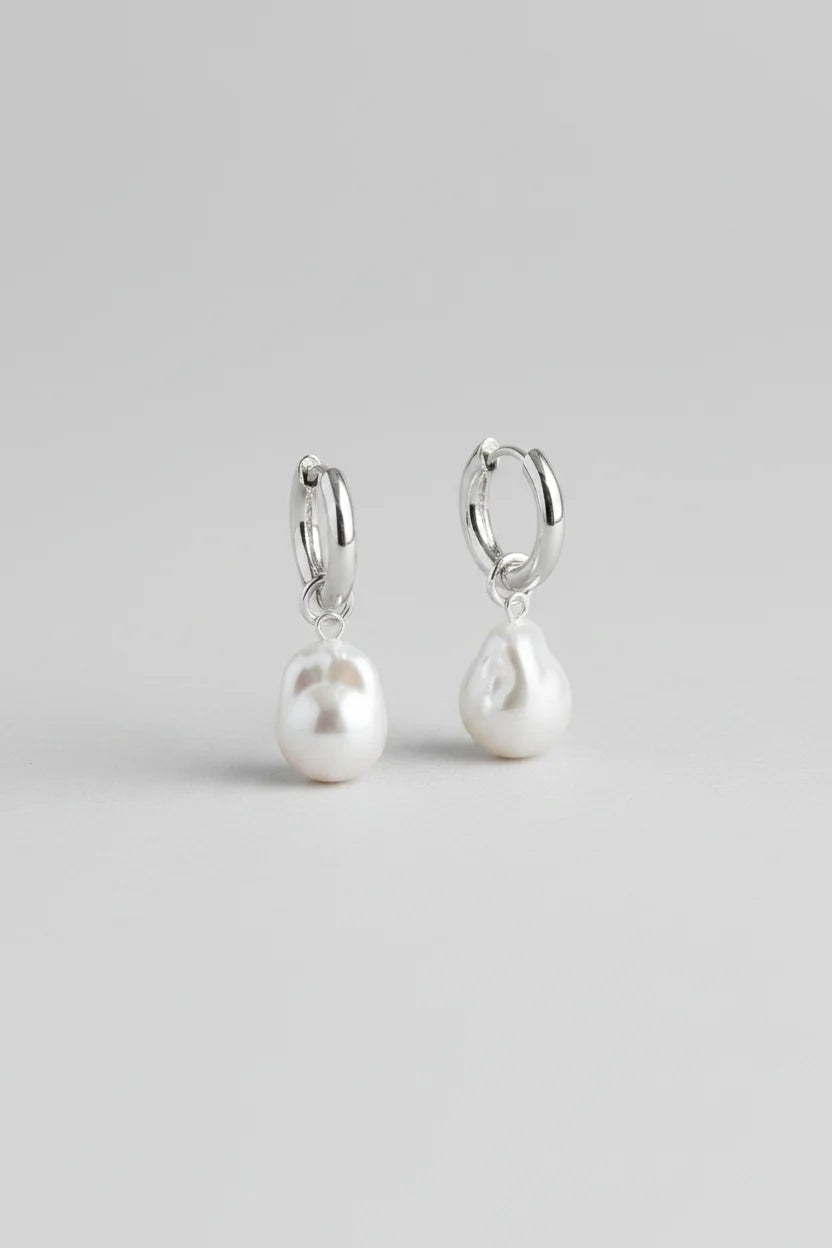 Baroque Pearl Huggie Hoops Silver