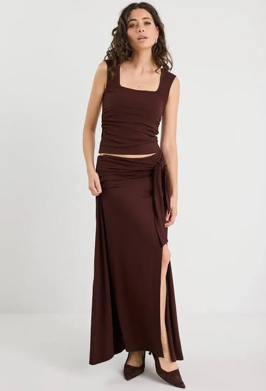 Status Chocolate Jersey Knot Front Maxi Skirt