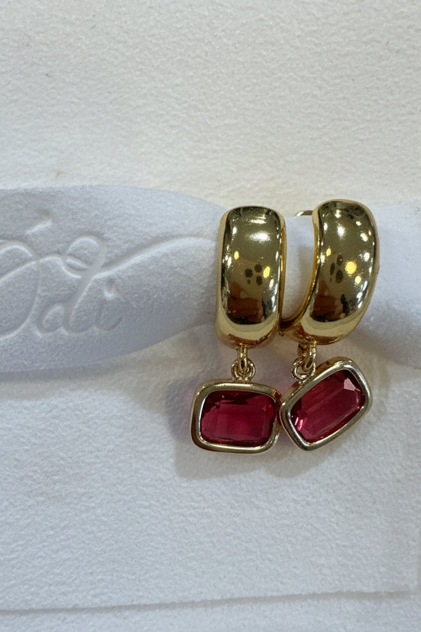 Ruby Colour Rectangular Jewels on Gold Huggies