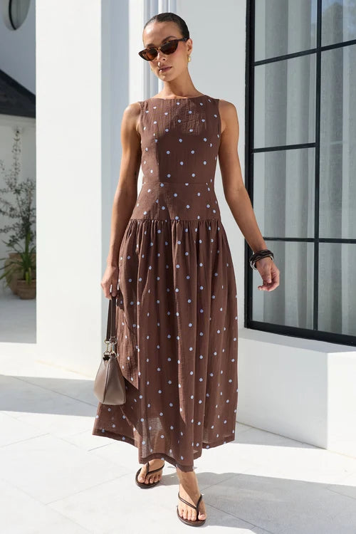 Mocha Blue Polka Dot Shirred Back Sleeveless Maxi Dress
