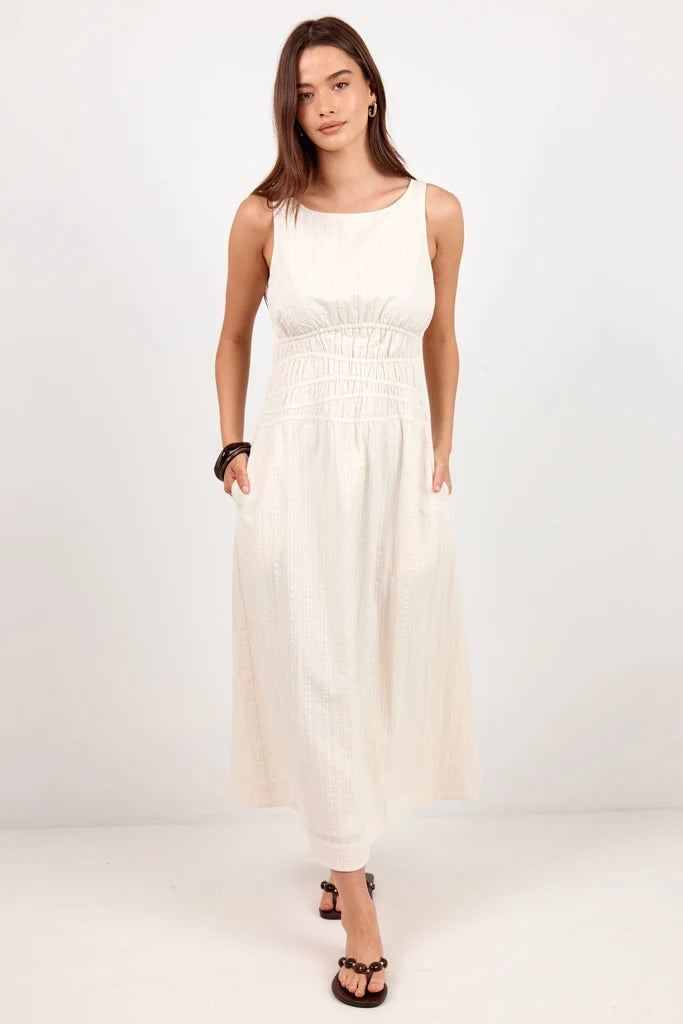 Lucent Cream Sleeveless Shirred Bodice Midi Dress