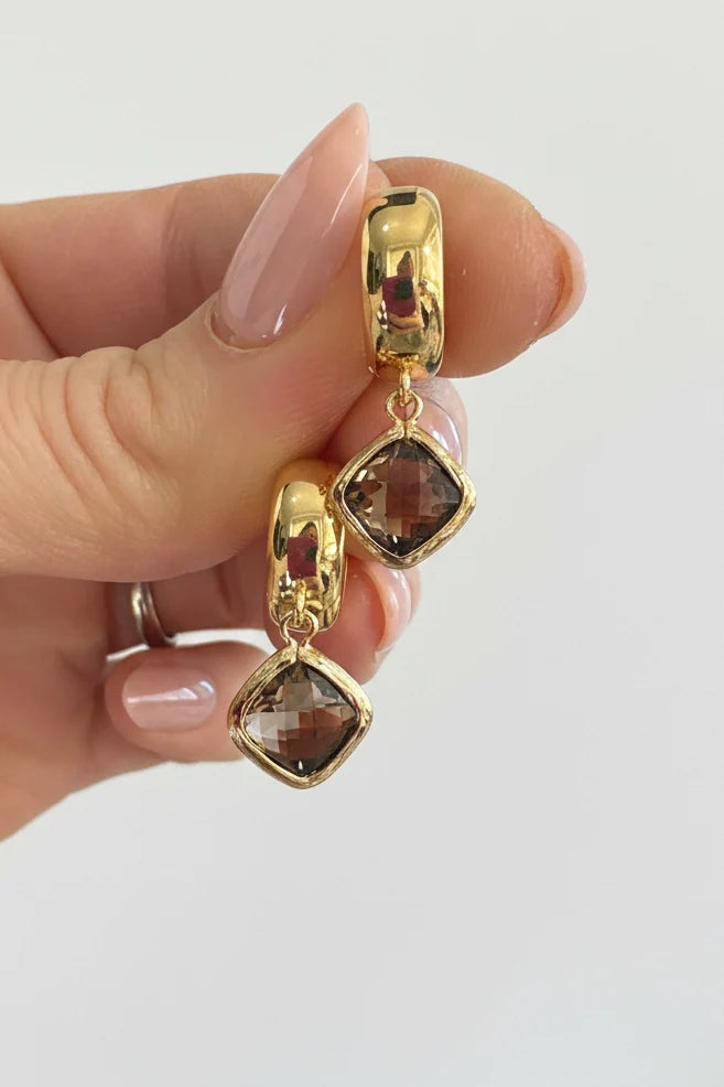 Chocolate Brown Rhombus Jewels on Gold Huggies