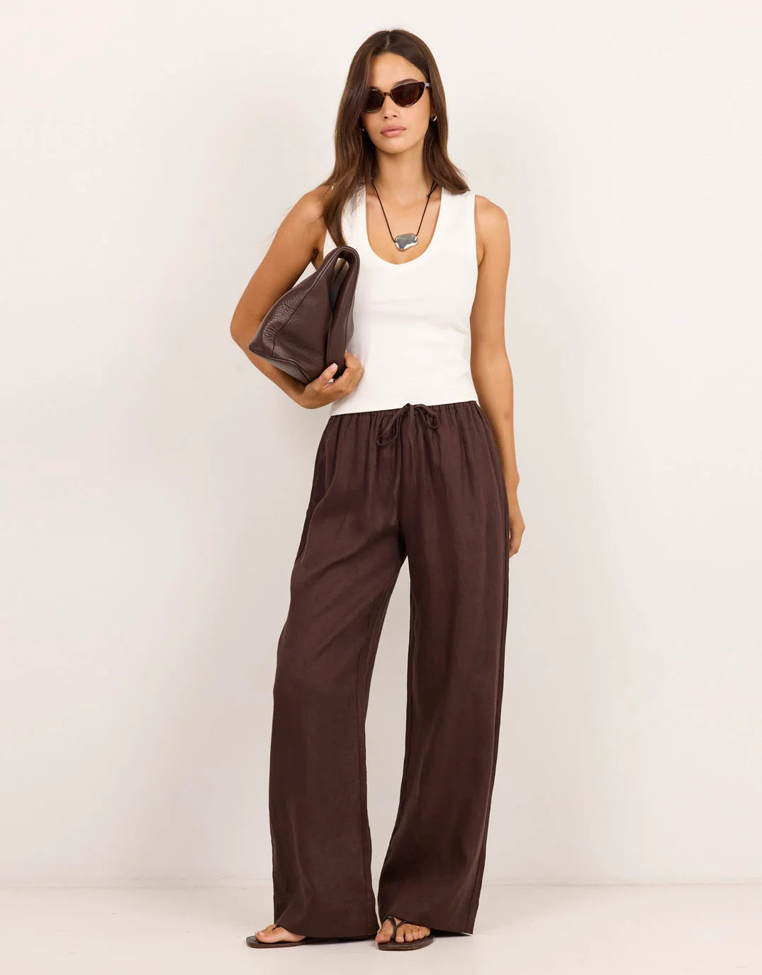 Wellness Dark Chocolate Linen Pull On Wide Leg Pants