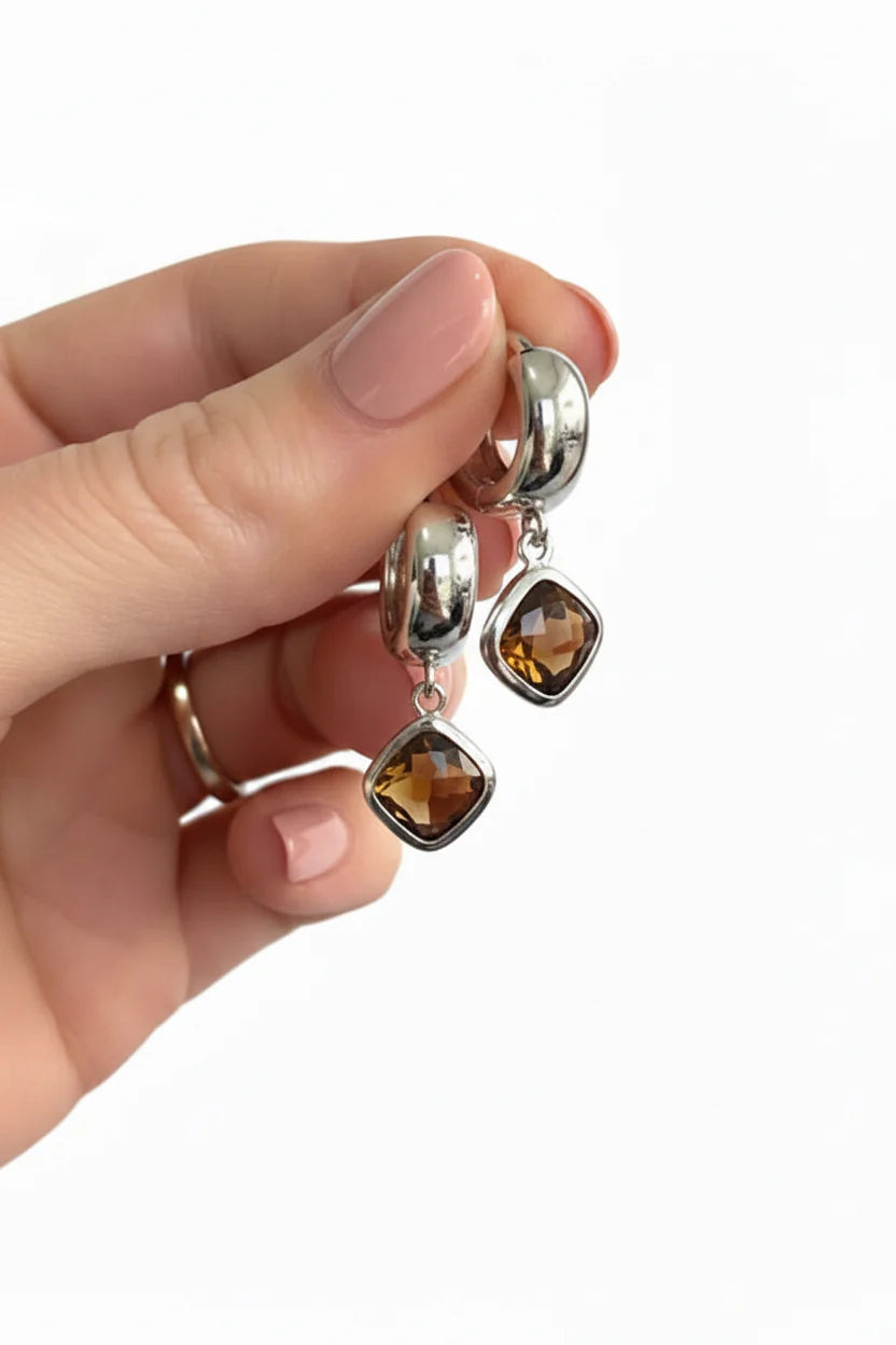 Chocolate Brown Rhombus Jewels on Silver Huggies