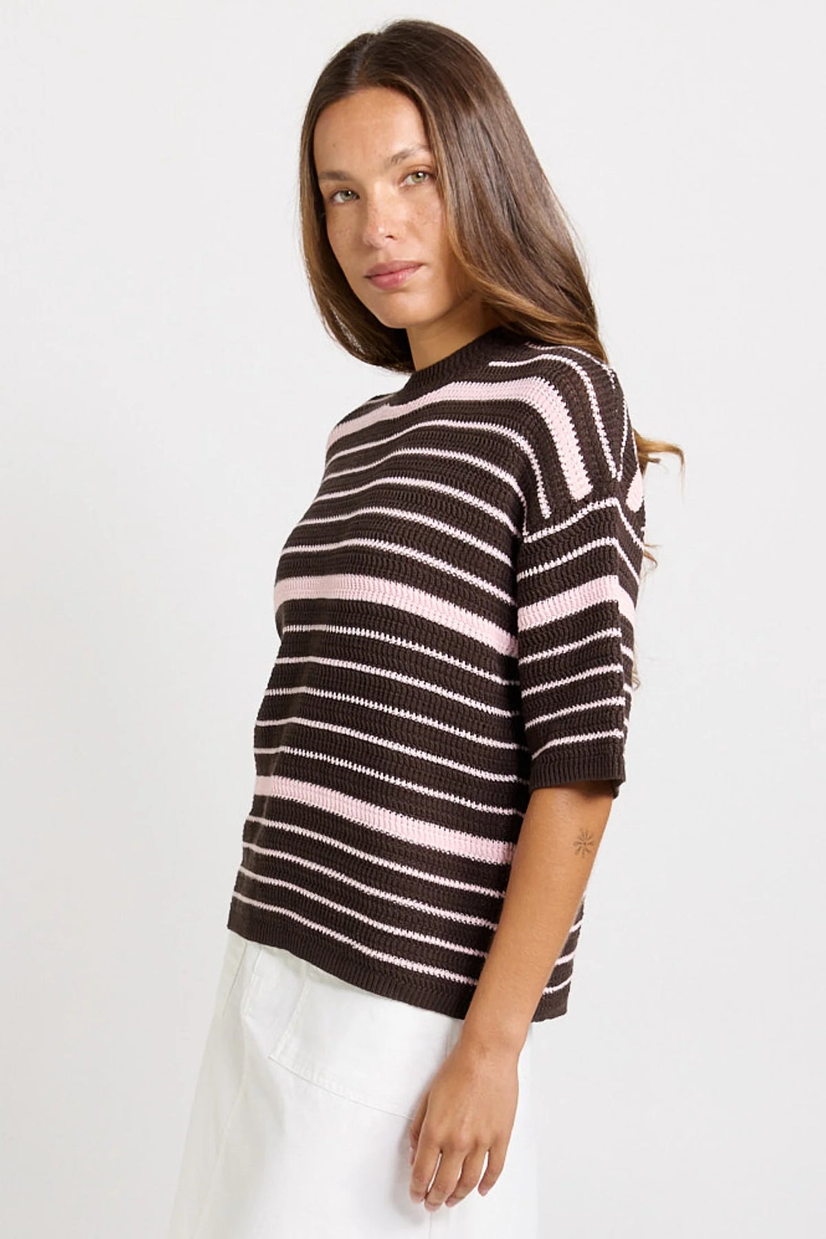 Dylan Knit Tee Chocolate/Pink Stripe