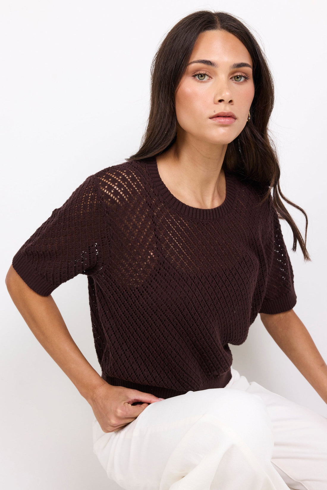 Dapple Chocolate Boxy Knit Lace Tee