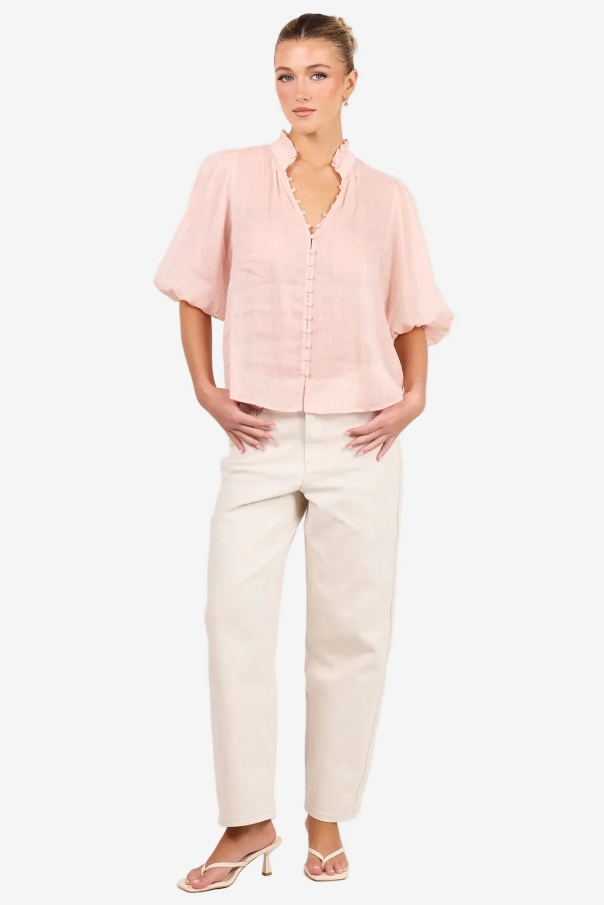 Continuance Blush Ramie High Neck Buttoned SS Top