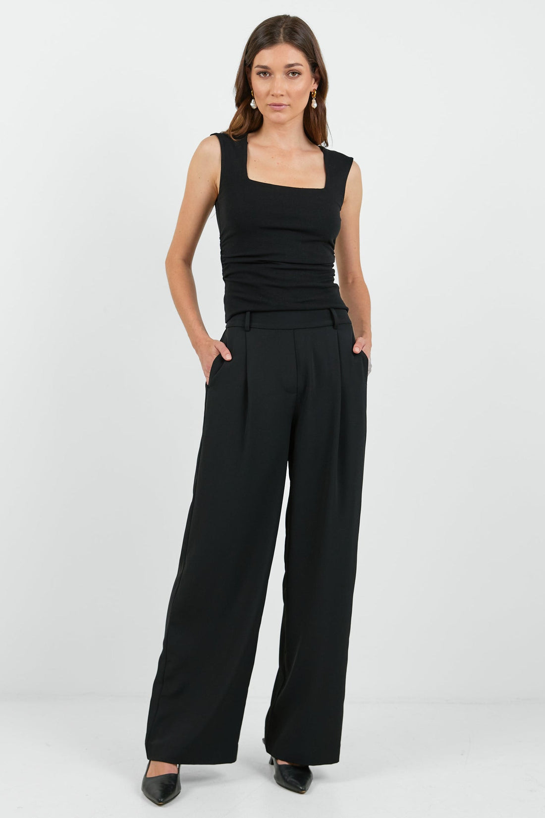 Business Black Wide Leg Pleat Front Pants