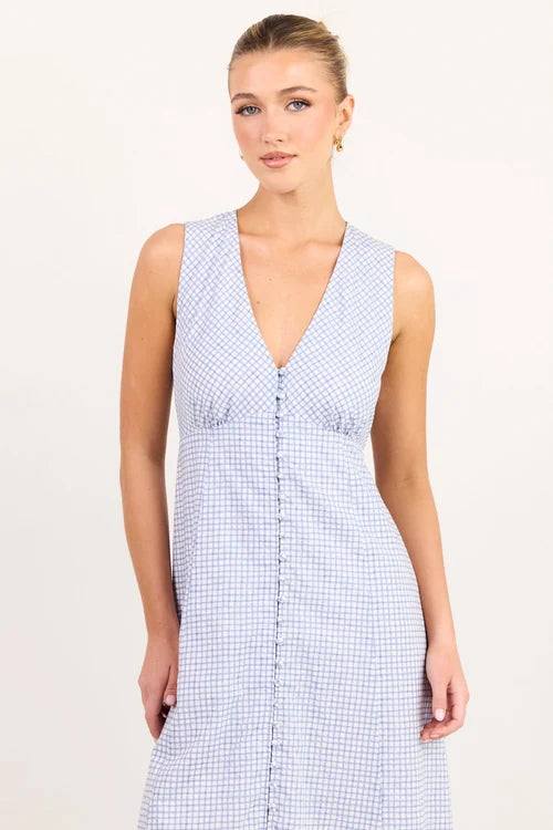 Cardinal Blue Mini Gingham Sleeveless Button Front Maxi Dress