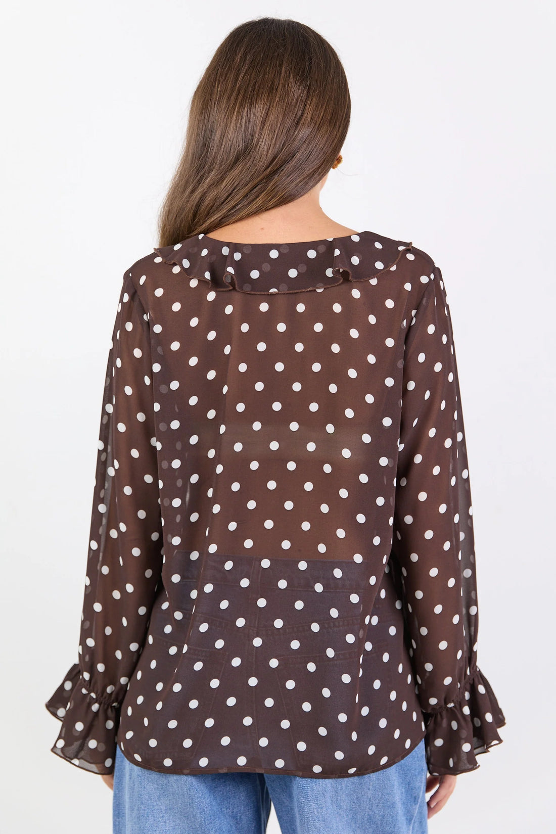 Bohemian Chocolate Polka Dot Sheer Frill Front Blouse
