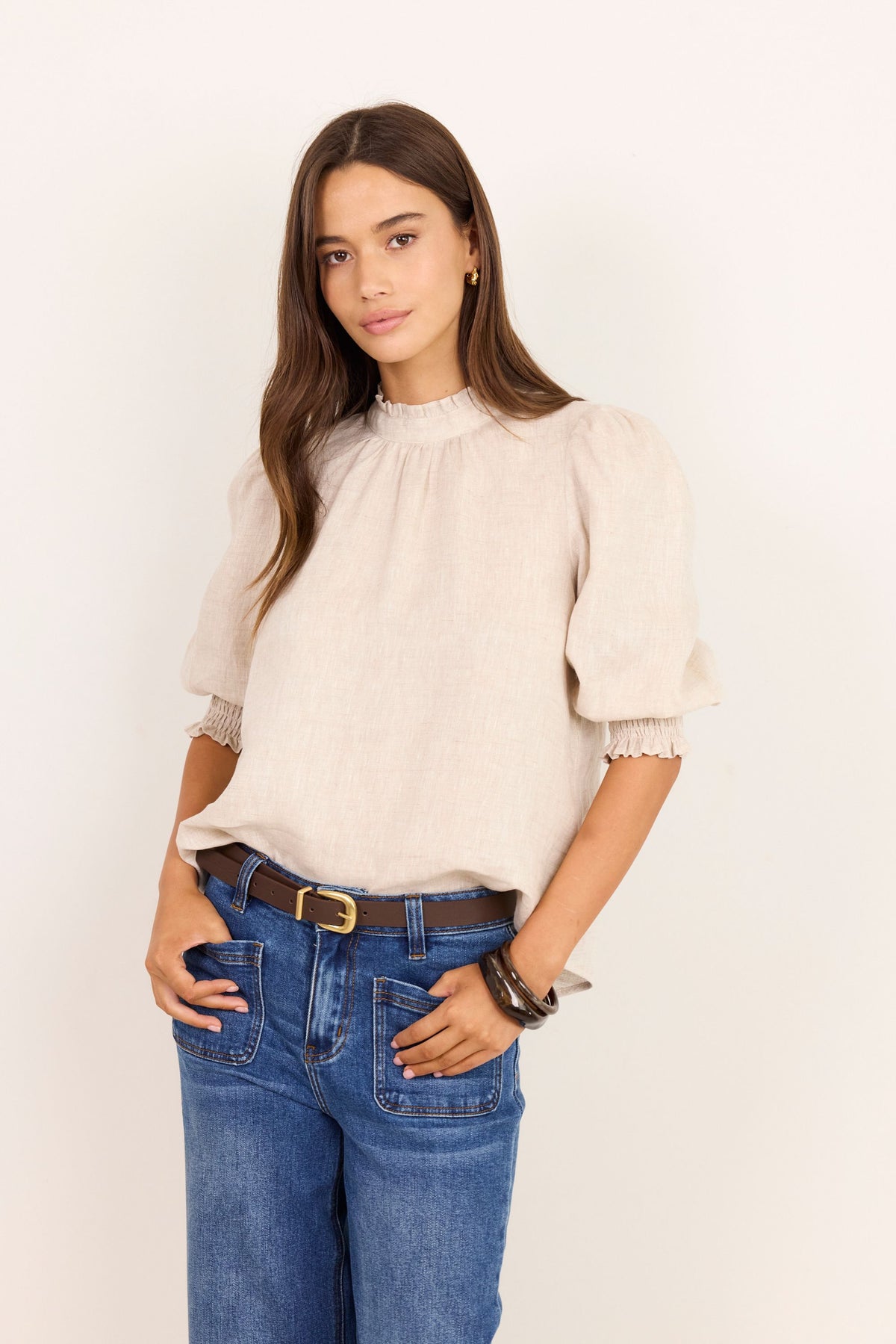 Verse Natural Short Sleeve High Neck Top