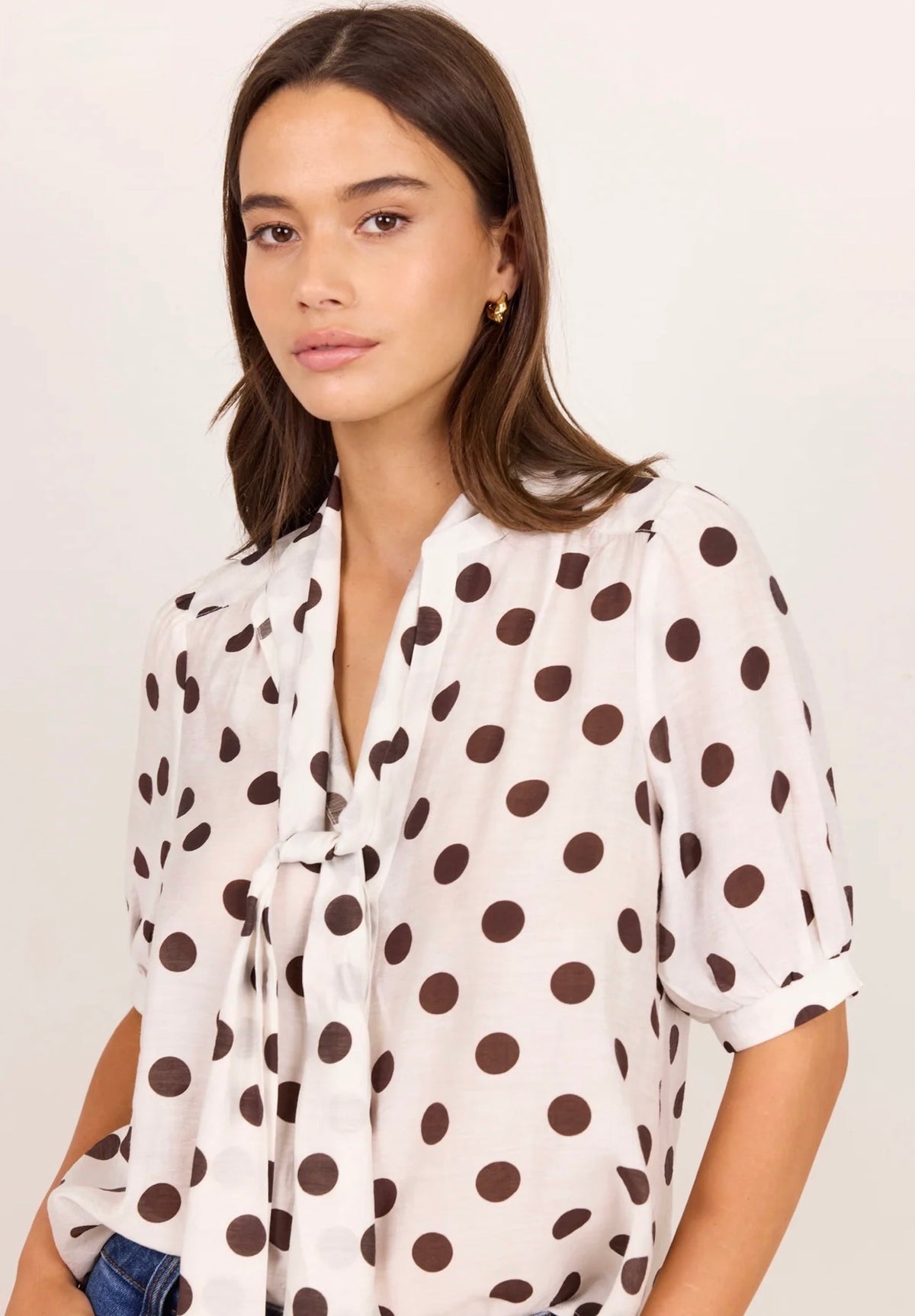 Providence Chocolate Polka Dot Tie Neck Short Sleeve Top