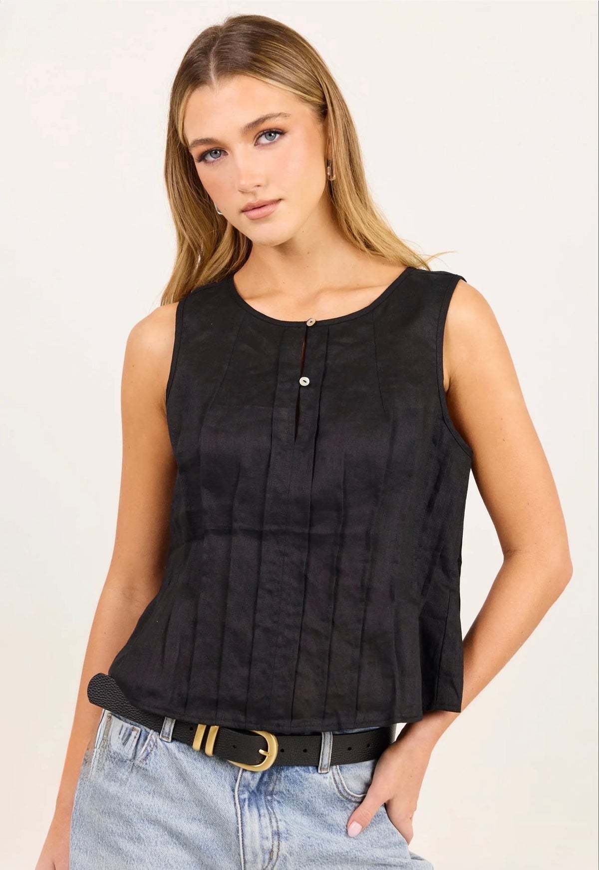 Encourage Black Linen Pintuck Front Boatneck Top